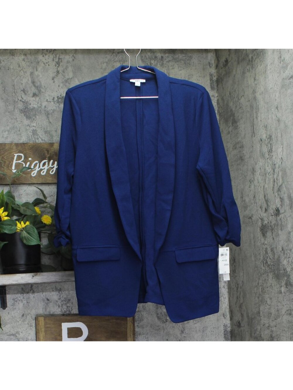 NWT Bar III 3/4-Sleeve Boyfriend Blazer Open Front Jacket Blazing Navy Blue L